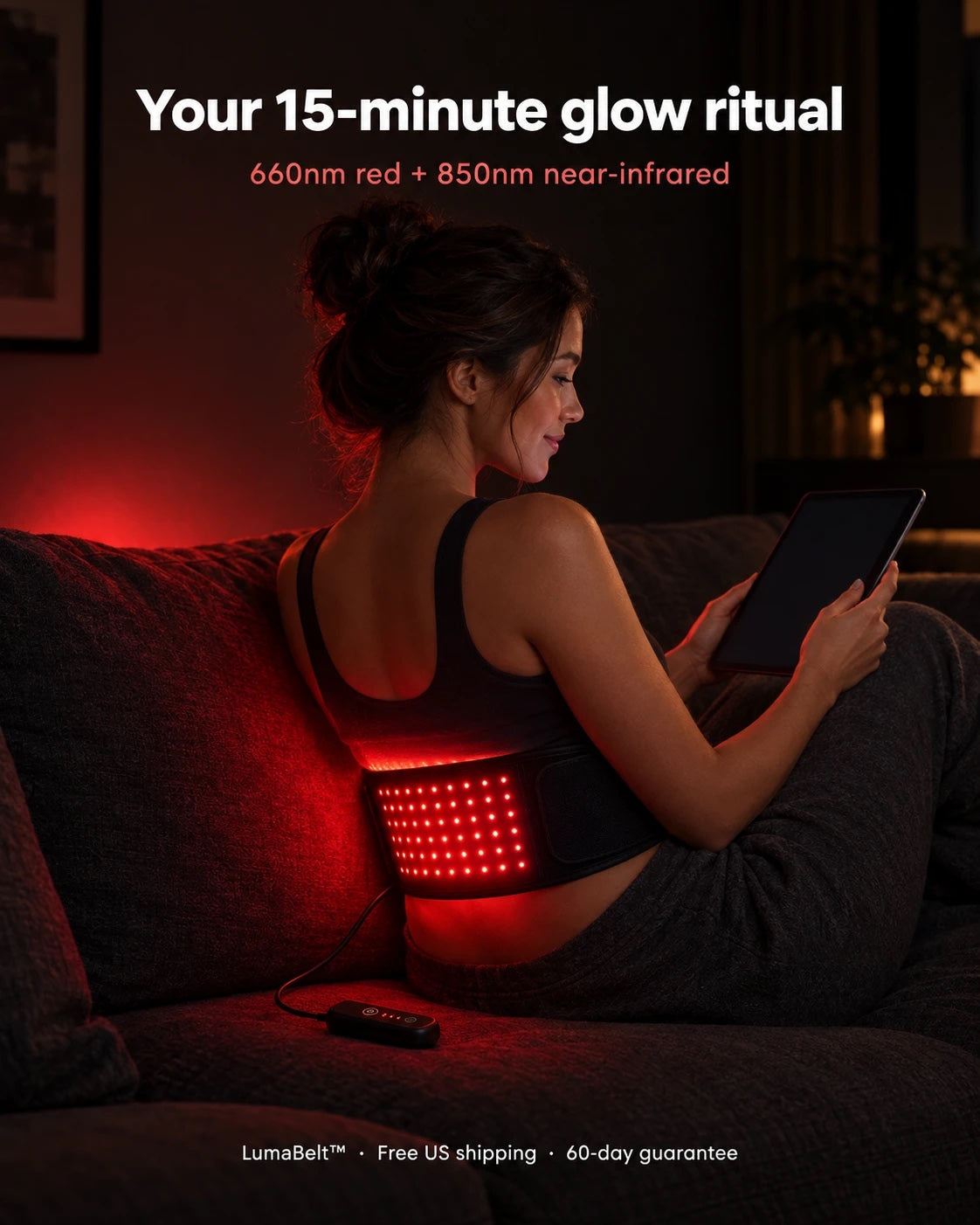 Woman relaxing on a couch wearing a glowing red light belt