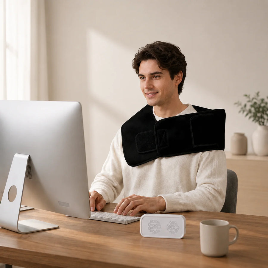Man wearing LumaBelt on his shoulders while working at his desk