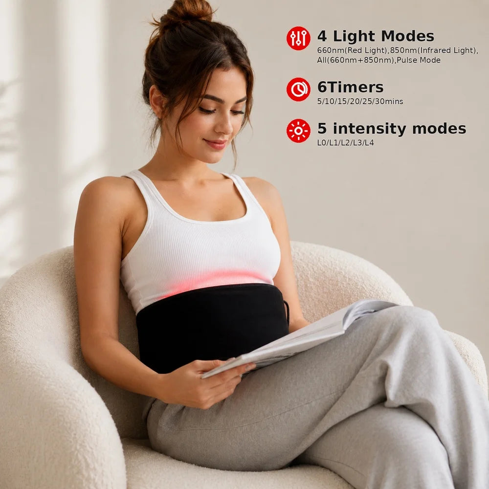 Woman relaxing on a chair wearing LumaBelt around her waist