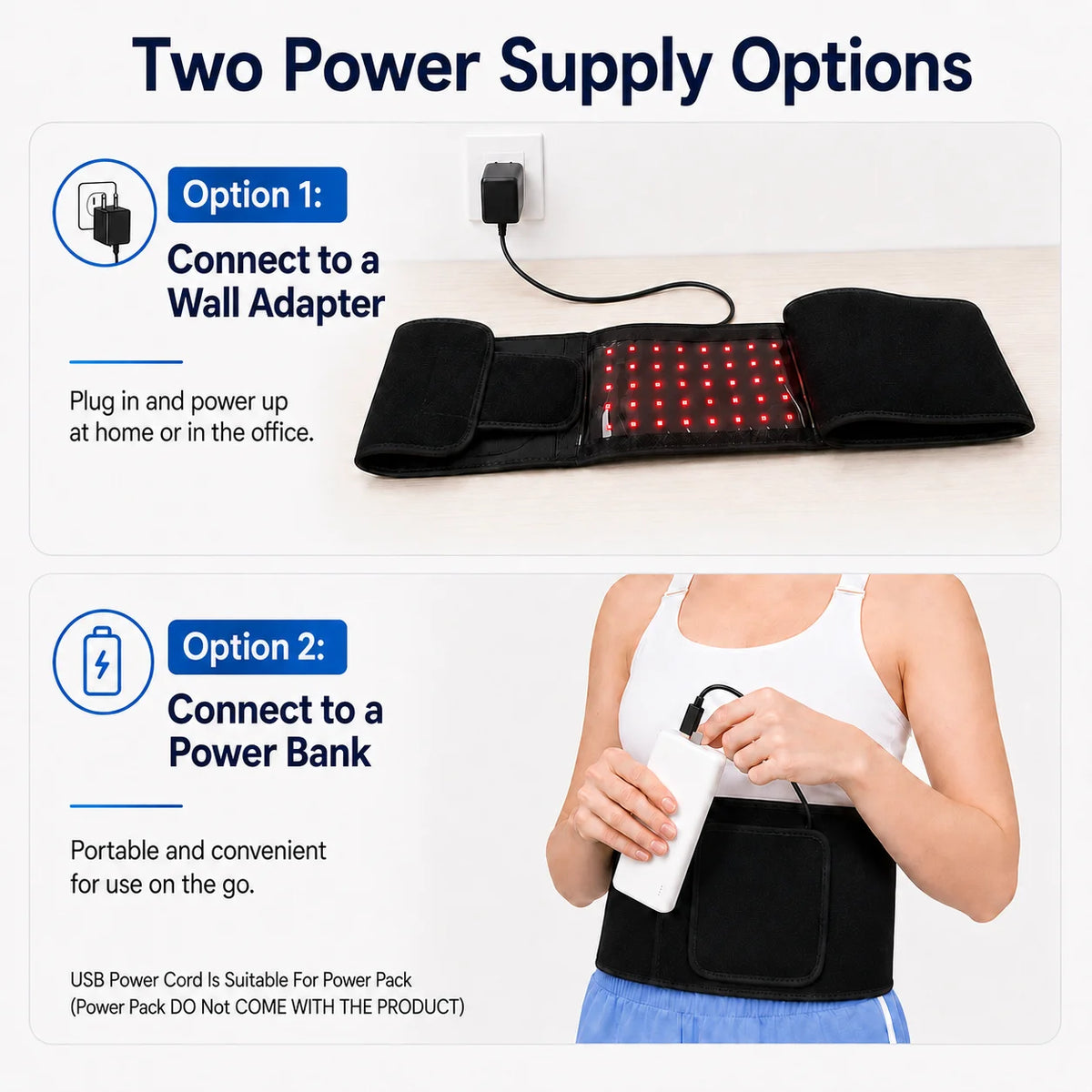 LumaBelt powers from a wall adapter or a USB power bank