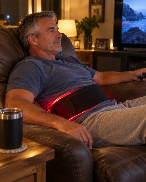 Man relaxing in a recliner wearing LumaBelt on his lower back
