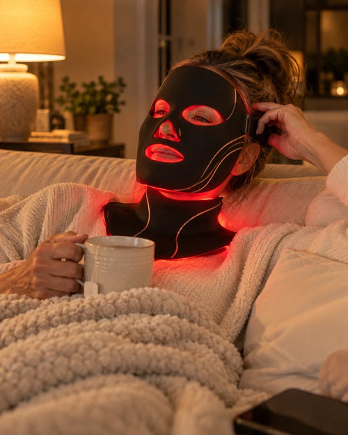Woman relaxing on the sofa with tea during a LumaMask face and neck session