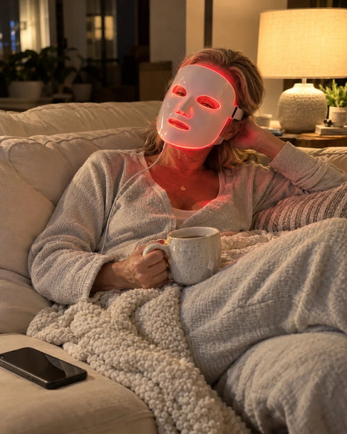 Woman relaxing on the sofa with tea wearing LumaMask